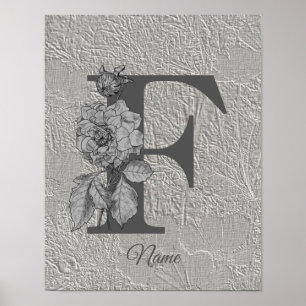 Zilveren Pioen Elegante Monogram Initiaal F Uw Naa Poster