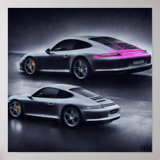 Zilveren Porsche Auto op een regenachtige nacht Poster