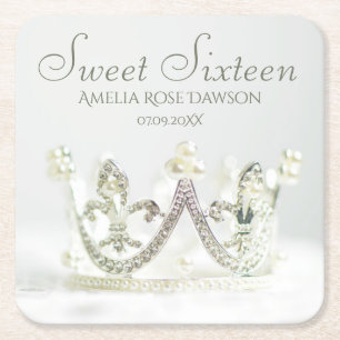 Zilveren Prinsessen Kroon Sweet Sixteen Feest Deco Vierkante Kartonnen Onderzetter