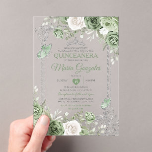 Zilveren Quinceañera Sage Groene Kroonvlinder Acryl Uitnodigingen