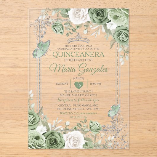 Zilveren Quinceañera Sage Groene Kroonvlinder Acryl Uitnodigingen (Voorkant)