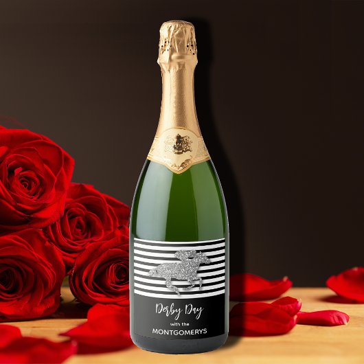 Zilveren Racehorse op zwarte strepen Sparkling Wijnetiket