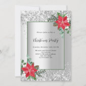 Zilveren rode bloemendecor Kerstfeest Kaart (Voorkant)