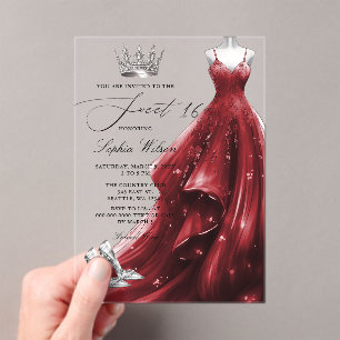 Zilveren Rode Jurk Prinses Sweet 16 Acryl Uitnodigingen