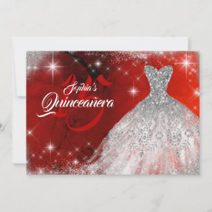 Zilveren Rode Kant Diamanten Jurk Quinceanera Kaart