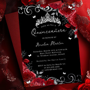 Zilveren Rode Roos Bloemrijke Swirl Quinceanera Folie Uitnodiging