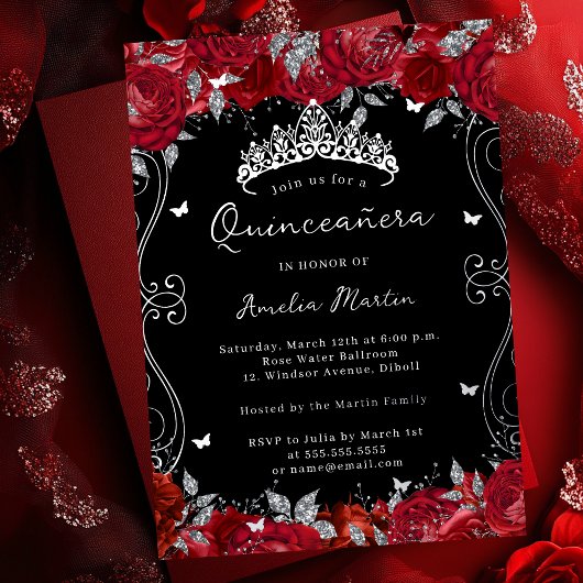 Zilveren rode wervelrol Floral Quinceanera Folie Uitnodiging