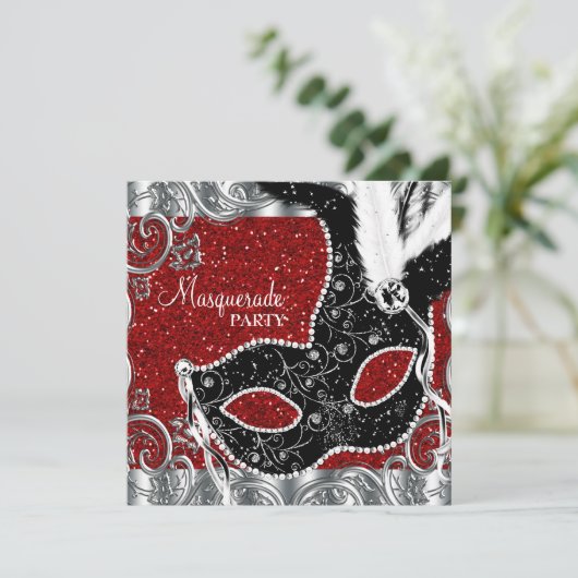 Zilveren rood en zwart masker Masquerade Party Kaart (Staand voorkant)