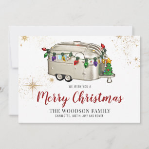 Zilveren Rood Retro Vintage Camper Kerstkaart