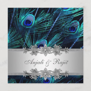 Zilveren Royal Blue Pauw Huwelijk Kaart