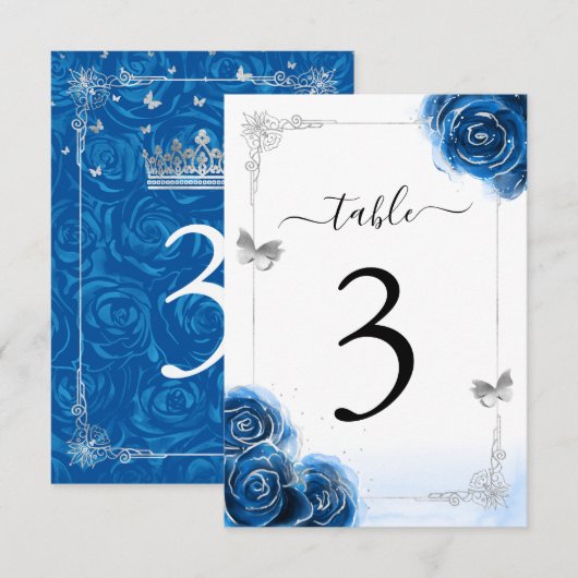 Zilveren Royal Blue Rozen Elegante Tafel Nummerkaa Kaart (Voorkant / Achterkant)