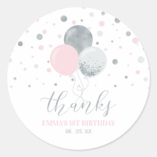 Zilveren & Roze Ballonnen   Feest Favoriet Dank je Ronde Sticker