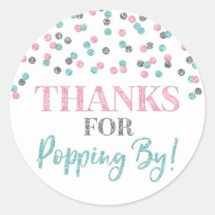 Zilveren Roze Blauwe Confetti Bedankt voor Popping Ronde Sticker