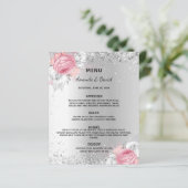 Zilveren roze bloemen bruiloft menu (Staand voorkant)