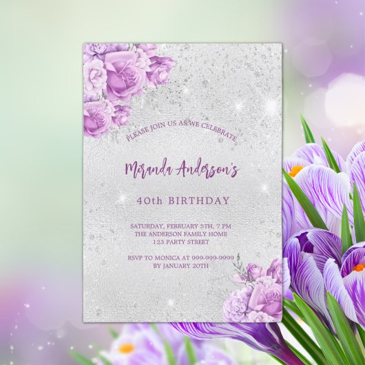Zilveren roze bloemen budget verjaardag uitnodigin