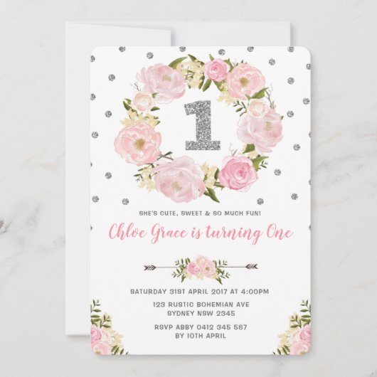 Zilveren Roze Bloemen Eerste 1e Verjaardag Uitnodi Kaart (Voorkant)