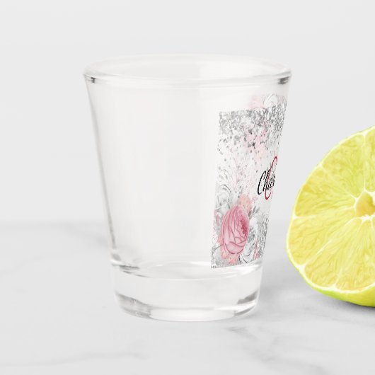 Zilveren roze bloemen elegantere monogramnaam shot glas (Links)