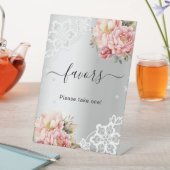 Zilveren roze bloemen kant gunst teken reclamebord met voetstuk (Insitu)
