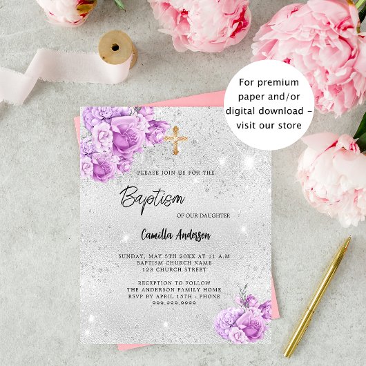 Zilveren roze bloemen meisje budget Doop uitnodigi