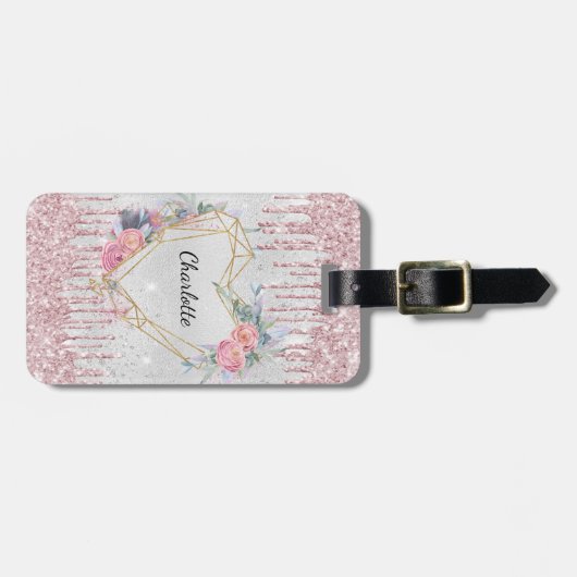 Zilveren roze bloemen monogram naam bagagelabel (Voorkant horizontaal)