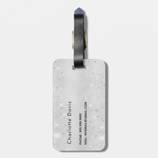 Zilveren roze bloemen monogram naam bagagelabel (Achterkant verticaal)