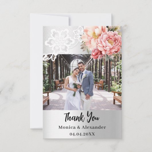 Zilveren roze bloemenkant bruiloft bedankkaart (Voorkant)