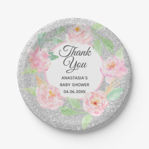 Zilveren & Roze Bloemenkrans Bedankt Baby Shower Papieren Bordje