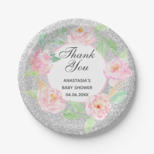 Zilveren & Roze Bloemenkrans Bedankt Baby Shower Papieren Bordje