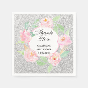 Zilveren & Roze Bloemenkrans Bedankt Baby Shower Servet