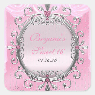 Zilveren & Roze Fantasie Kader Verjaardagsfeest St Vierkante Sticker