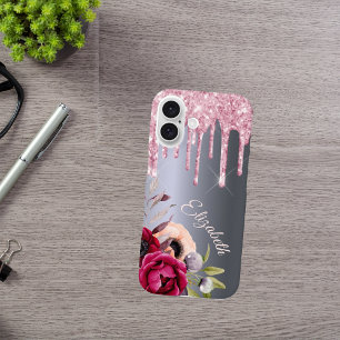Zilveren roze glitter druppels bloemennaam script iPhone 16 hoesje
