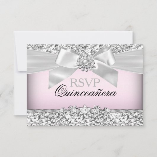 Zilveren Roze Glitter & Jewel Bow Quinceanera RSVP (Voorkant)