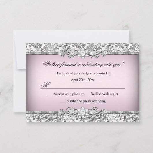 Zilveren Roze Glitter & Jewel Bow Quinceanera RSVP (Achterkant)