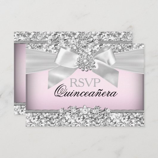 Zilveren Roze Glitter & Jewel Bow Quinceanera RSVP (Voorkant / Achterkant)