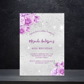 Zilveren roze violette bloemen verjaardag uitnodiging briefkaart
