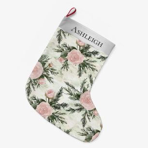 Zilveren Roze Witte Bloemen Kerstmis Grote Kerstsok