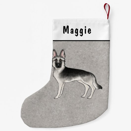 Zilveren Sable Duitse Herder Cartoon Hond En Naam Kleine Kerstsok (Achterkant)