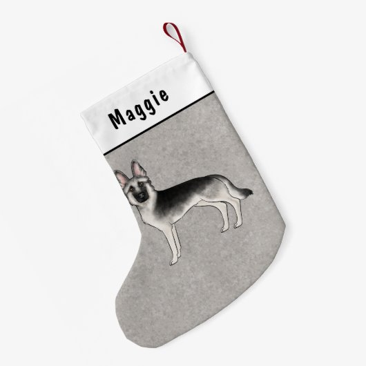 Zilveren Sable Duitse Herder Cartoon Hond En Naam Kleine Kerstsok (Achterkant (Hangend))
