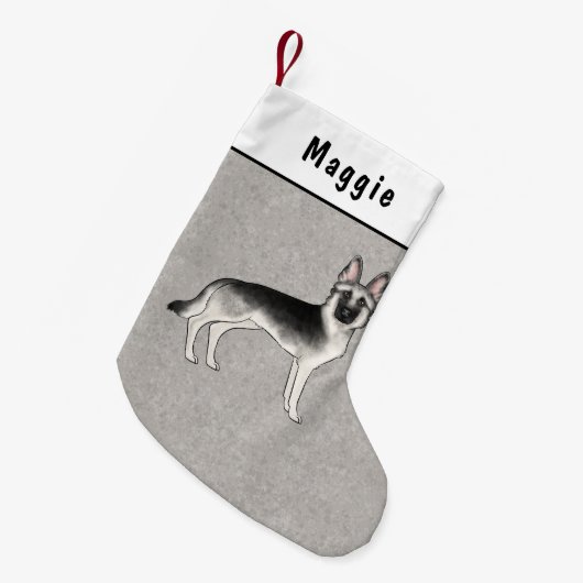 Zilveren Sable Duitse Herder Cartoon Hond En Naam Kleine Kerstsok (Voorkant (Hangend))
