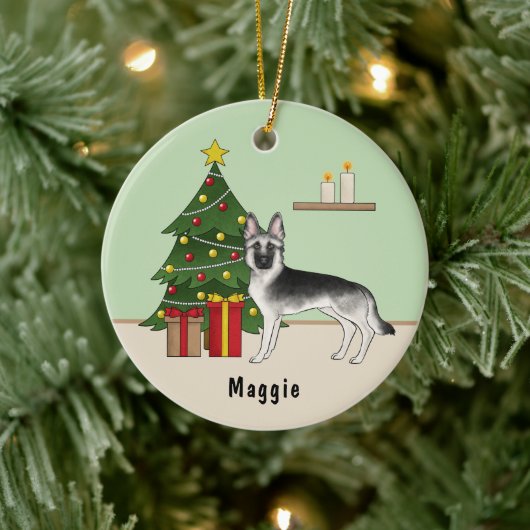 Zilveren Sable Duitse Herder Groene Kerstboom Keramisch Ornament (Boom)