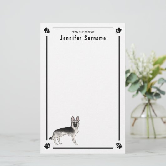 Zilveren Sable Duitse Herder Hond Met Aangepaste T Briefpapier (Staand voorkant)