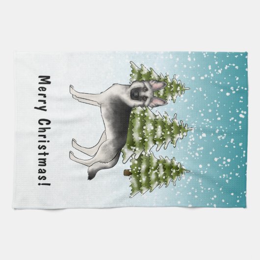 Zilveren Sable Duitse Herder in de winter met teks Theedoek (Horizontaal)