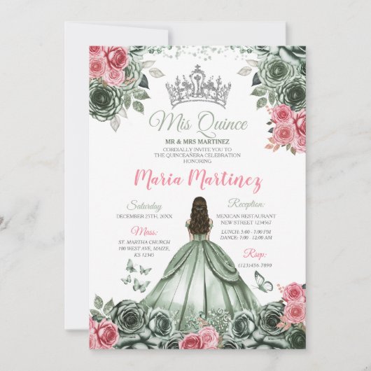 Zilveren Sage Groen en Roze Prinses Mis Quince Kaart (Voorkant)