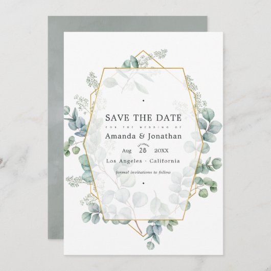 Zilveren Salie Eucalyptus Geometrische Trouwfoto Save The Date (Voorkant / Achterkant)