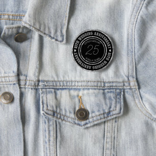 Zilveren Satijn En Zwarte Damast Ronde Button 5,7 Cm