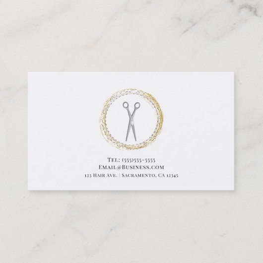 Zilveren Schaar Gouden Sparkle Circle Haar Stylist Visitekaartje (Achterkant)