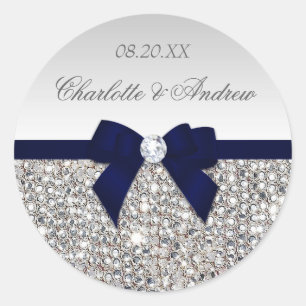 Zilveren Sequins Navy Bow en Diamond Bruiloft Ronde Sticker