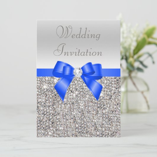 Zilveren Sequins Royal Blue Bow en Diamond bruilof Kaart (Staand voorkant)