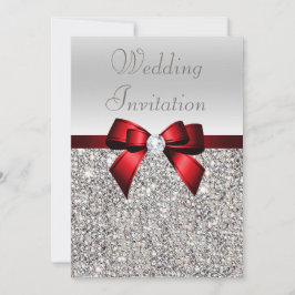 Zilveren Sequins Royal Red Bow en Diamond bruiloft Kaart