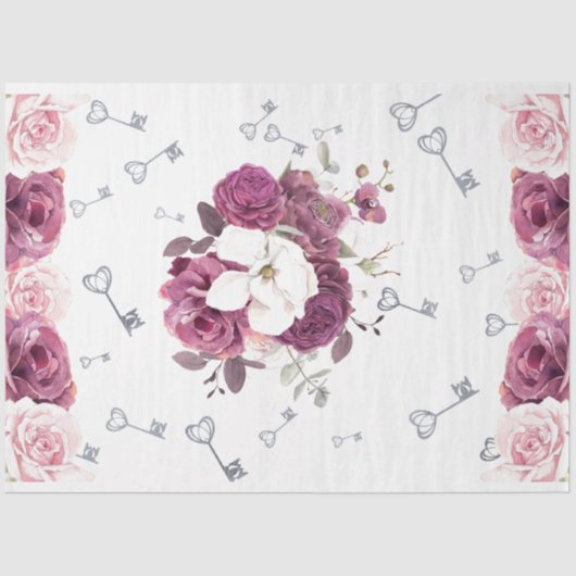 Zilveren Sleutels & Bloemen Trouwpapier Tissuepapier (Voorkant)